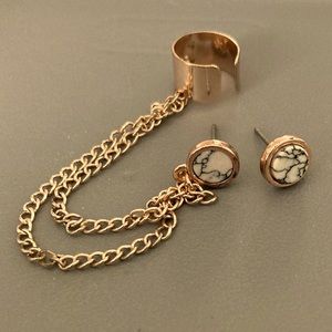 GOLD EARRINGS- ONE SIDE HAS AN EAR CUFF WITH CHAIN CONNECTING TO MARBLE STUD